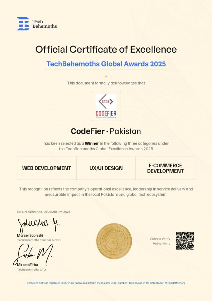 TechBehemoths Global Excellence Awards 2025 certificate awarded to CodeFier Pakistan